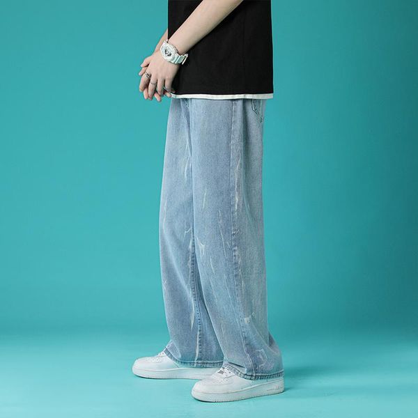 

fashion men jeans korean wide-leg retro casual baggy men streetwear loose hip-hop aa, Blue