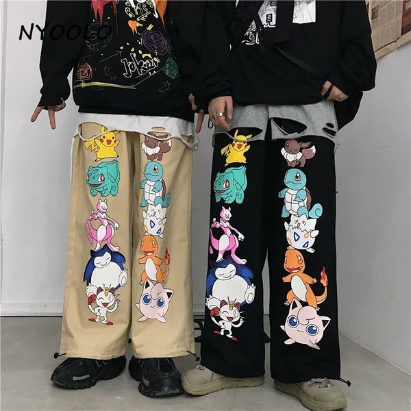 

nyoolo vintage street cartoon animal print joggers pants casual loose elastic waist full length cotton straight pants women men y200418, Black;white