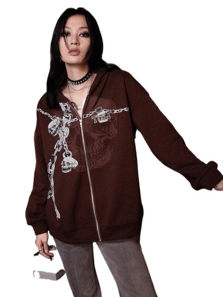 

romwe dark academia letter skull & chain graphic zip up hoodie k2uv#, Black