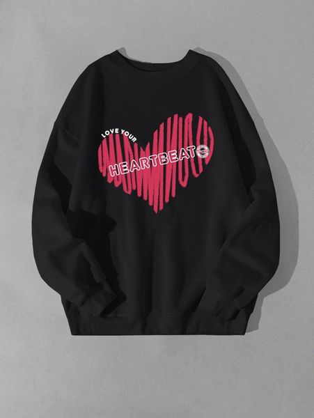 

heart & letter graphic drop shoulder pullover o9bo#, Black