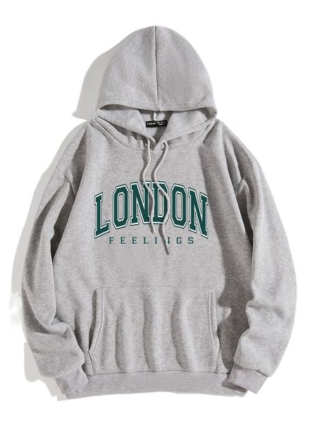 

letter graphic kangaroo pocket drawstring thermal hoodie a0wo#, Black