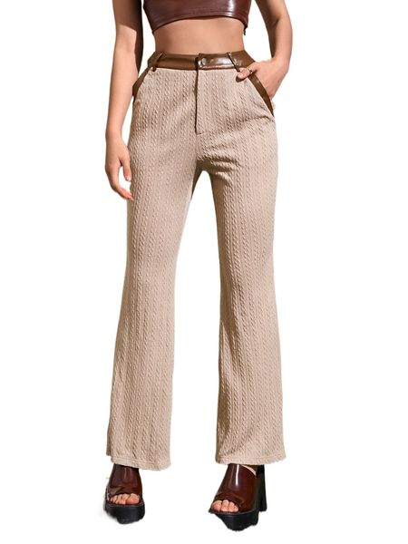 

contrast pu trim textured boot cut leg pants 28sk#, Black;white