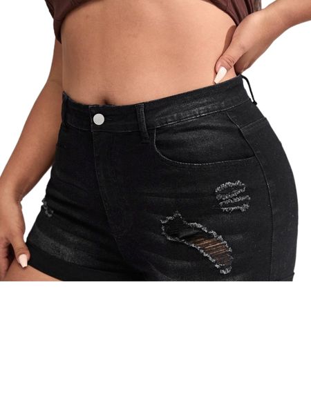 

plus ripped roll hem denim shorts l2yv#, White;black
