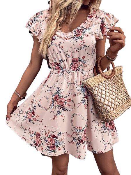 

floral print frill trim butterfly sleeve dress a5ib#, Black;gray