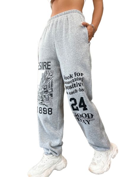 

building & slogan graphic sweatpants p540#, Black;white