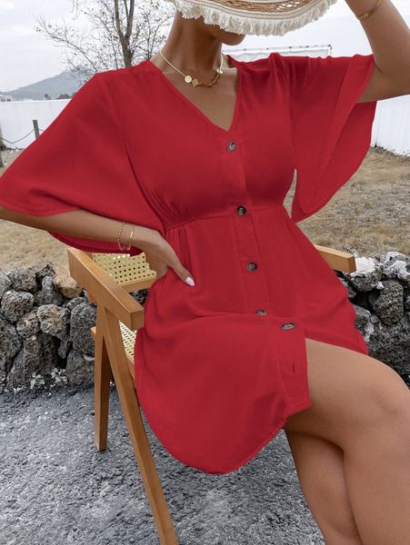 

v neck a-line button front dress e9br#, Black;gray