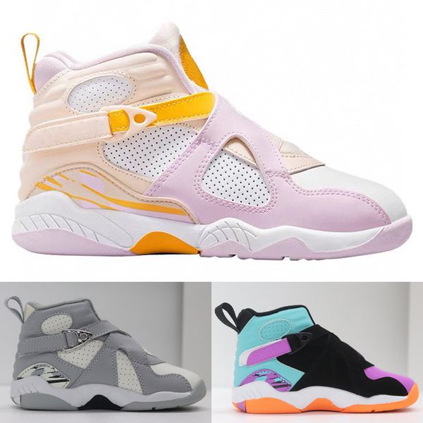 

8 cool grey kids outdoor shoes viii 8s orange pearl arctic pink white multi-color for boy girls youth children athletic sports shoes size 22, Black
