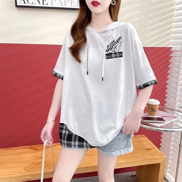 T-shirt da donna in cotone Taglie forti Donna Fat Sister Abito estivo con cappuccio a maniche corte di media lunghezza 2022 Moda Top TrendDonna