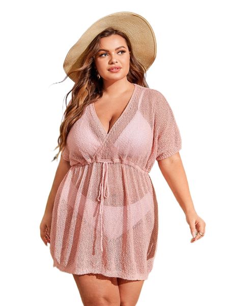 

plus batwing sleeve drawstring waist cover up dress without bikini v5ya#, Black