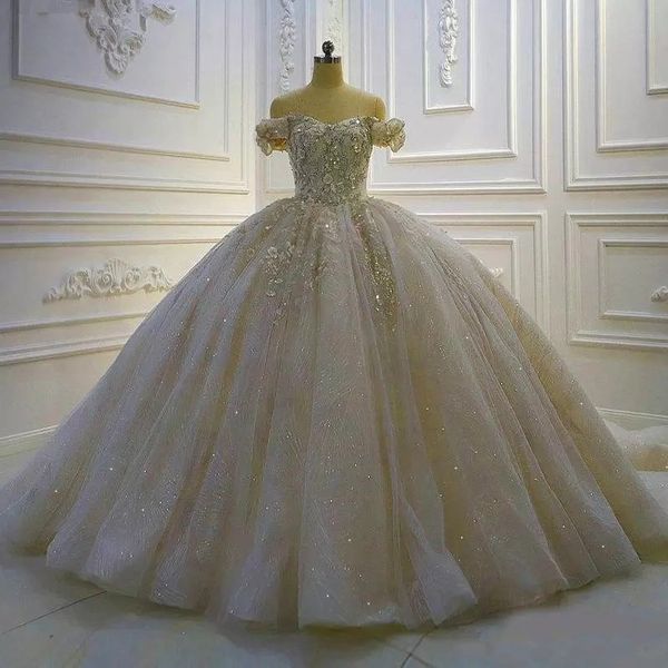 2022 Gorgeous Ball Gown Wedding Dresses 3D Floral Appliqued Sequins Beaded Sweep Train Custom Made Weeding Gown Bridal Dress B0623x02