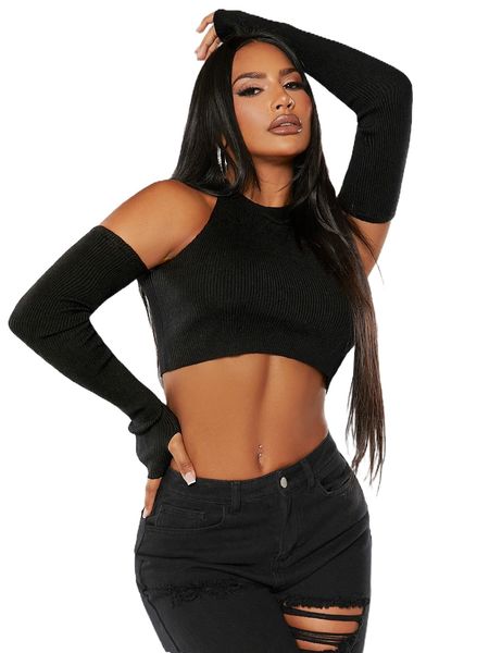 

sxy solid crop knit & arm sleeves v8os#, White;black