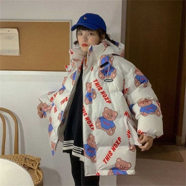 

japanese cute bear padded jacket women's winter y2k style loose and thicker schoolgirl cotton padded jacket trend coat 211120, Black