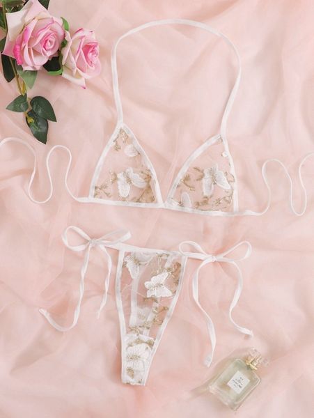

butterfly embroidery mesh lingerie set w8ew#, Black;red