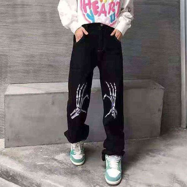 

bone embroidery hand jeans men women black hip hop loose denim trousers harajuku retro streetwear clothing straight pants t220803, Blue