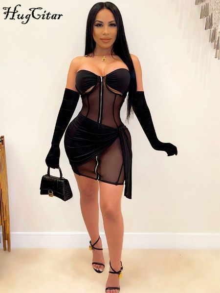 

mesh detachable sleeves with gloves strapless zipper ruched see through drawstring mini dress 2022 fall women party y2k, Black;gray