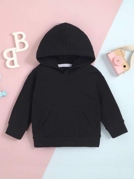 

baby solid kangaroo pocket drop shoulder hoodie she, Black