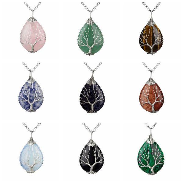 

silver brass wire wrapped tree of life natural crystals agate pendant necklace healing stone necklaces