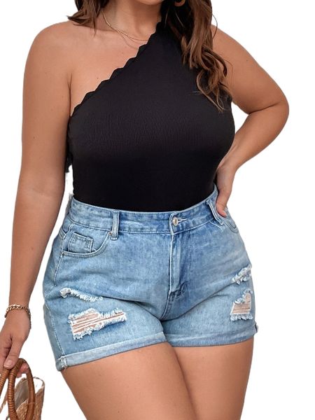 

plus one shoulder scallop trim bodysuit c9y6#, Black