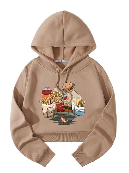 

french fries and hamburger print thermal lined crop drawstring hoodie h0ar#, Black