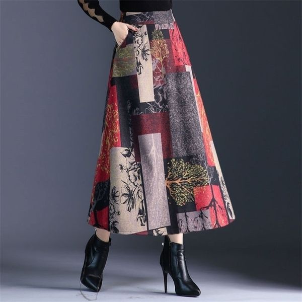 

autumn winter aline long skirts womens maxi skirt female high waist warm wool skirt elegant office lady printing plaid skirt 210306, Black