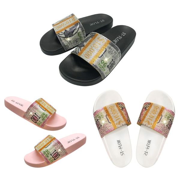 

2021 fashion women slides summer beach flip flops rhinestone dollars bags slippers crystal diamond usd money sandal, Black