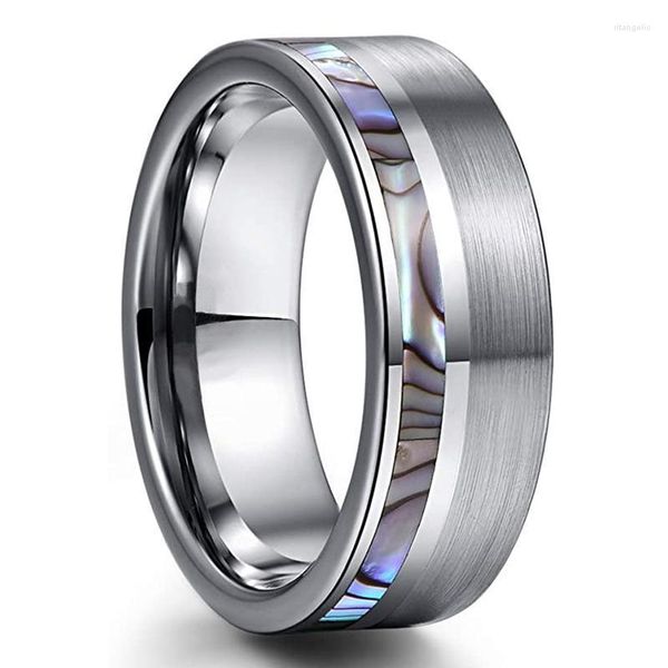 Anéis de casamento Moda masculina 8mm Silvery escovado aço inoxidável anel natural de abalone embutido de casca de jóias Rita22