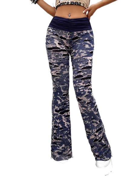 

tie dye ripped ruched front flare leg pants 62ql#, Black;white