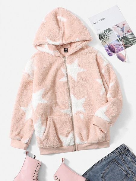 

plus star print hooded flannel jacket 57vh#, Black