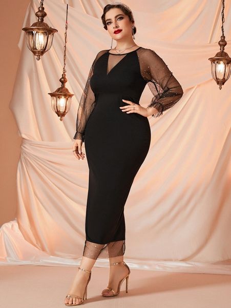 

plus contrast mesh flounce cuff split back bodycon dress w1l0#, Black