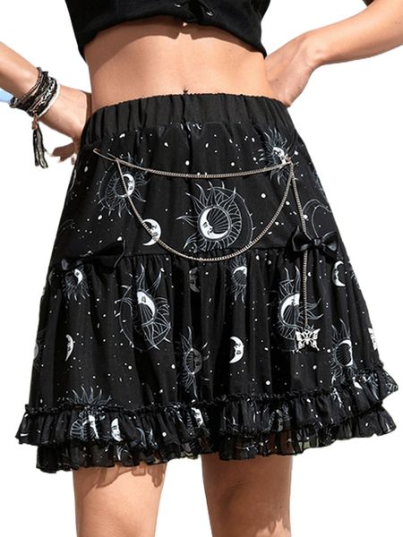 

romwe gothic grunge sun & moon graphic ruffle hem skirt r8pp#, Black