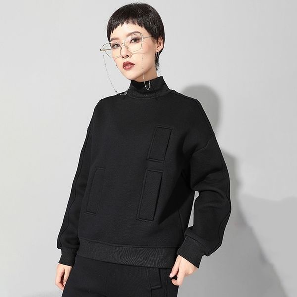 EAM Spring Spring Autumn Collar High Slave Longa Pocket Black Pocket Size Big Sweetshirt Mulher Moda JQ019 201202