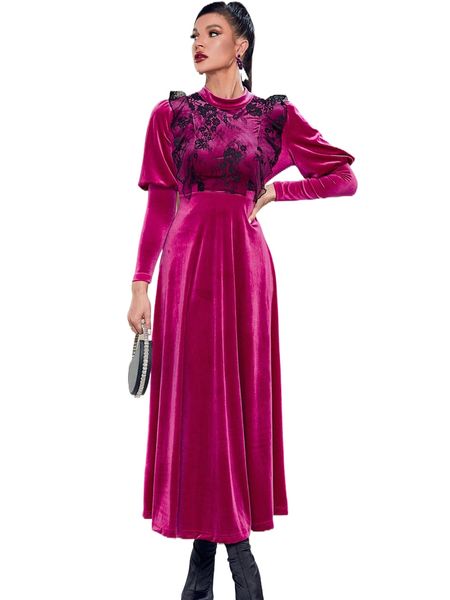 

velvet contrast lace gigot sleeve a-line dress s0xk#, Black;gray