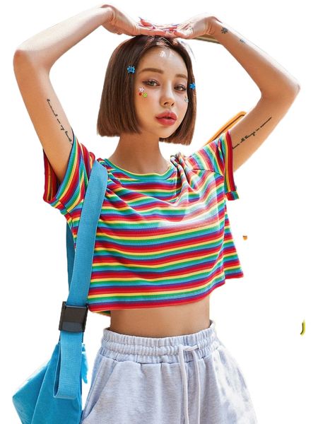 

dazy rainbow striped crop tee 64li#, White