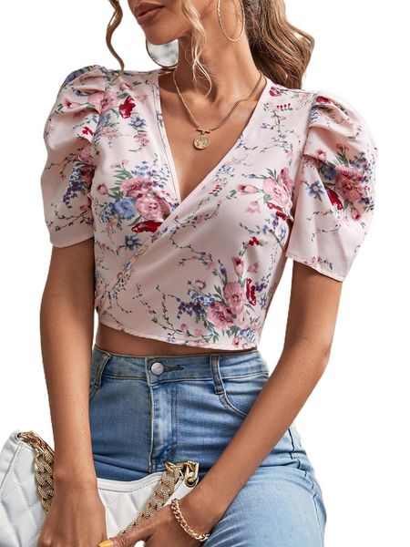 

floral print puff sleeve tie back crop wrap blouse l47m#, White