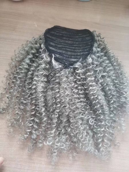 

long high drawstring gray ponytail human hair extension clip in silver grey kinky curly afro puffs pony tail wraps around hairpiece salt&pep, Black