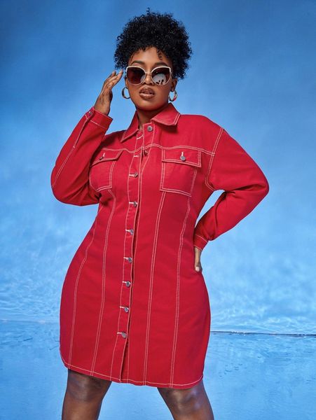 

plus stitching button front denim dress 21nx#, Black