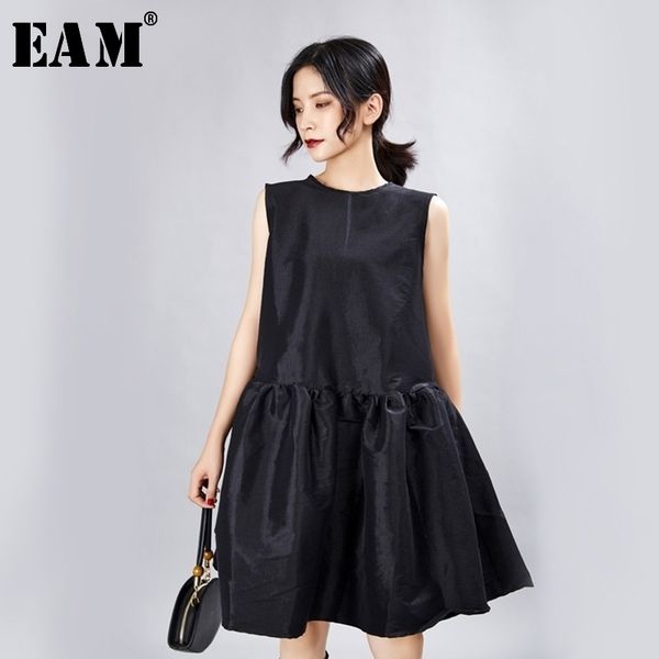 

eam women black ruffles split temperament dress round neck long sleeve loose fit fashion spring summer jx337 y200805, Black;pink