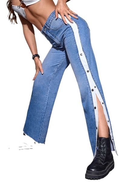 

button contrast side seam raw hem straight leg jeans r9wz#, Blue