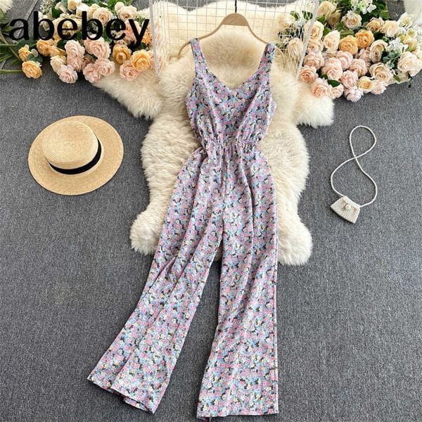 Mulheres de verão Spaghetti Strap Salpsuits Vintage Floral Impresso Slim Caist Pernas largas Playper Playsiits 210715