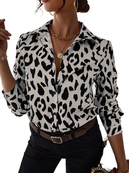 

allover print button up blouse u030#, White