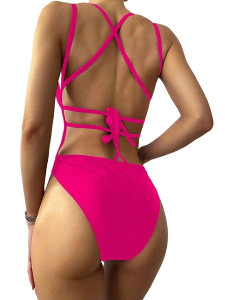 

neon pink backless tie back one piece swimsuit 29ve#, White;black