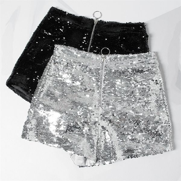 

bling women sequin shorts high waist o-ring zip bodycon shorts feminino skinny party club festival raves pole dance shorts 210302, White;black