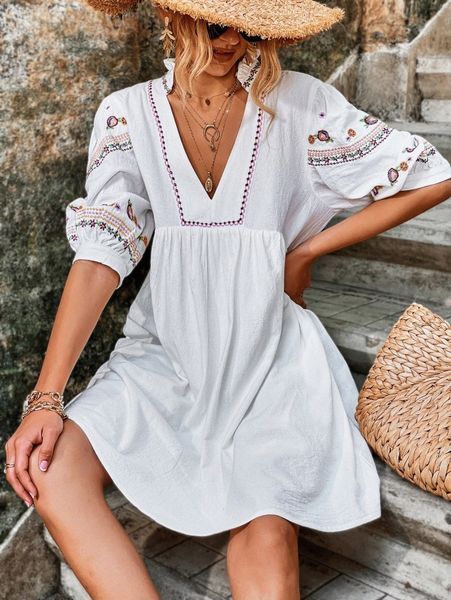 

geo & floral embroidery frill notched neck puff sleeve dress v8nf#, Black;gray