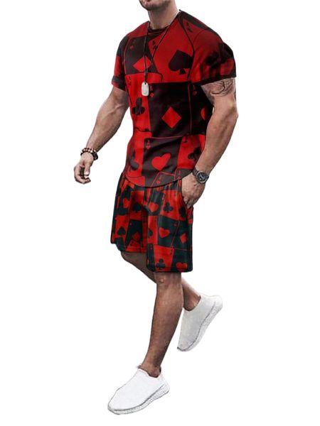 

men playing card print tee & drawstring waist shorts k3jf#, Gray