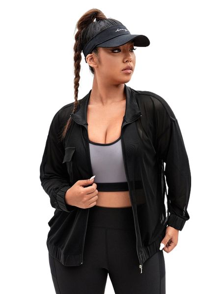 

plus 1pc flap pocket drop shoulder zipper sports jacket 97xu#, Black
