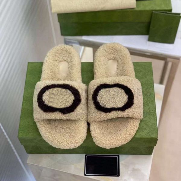 

women fur slippers slide sandal wool designer thick bottom light brown merino wool slides fashion apartment flat muller heel slipper winter, Black