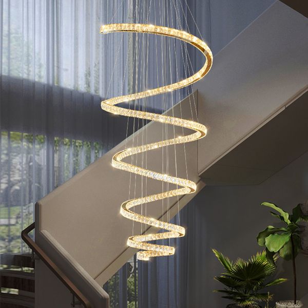 Lâmpadas pendentes de escada grande lustre LED Luxunhão Anel Moderno Ringue de Cristal Pingente Grie para Lâmpada de Lâmpada Home Home Decore Home Decore