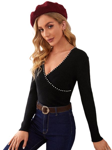 

pearl detail overlap detail sweater y263#, White;black