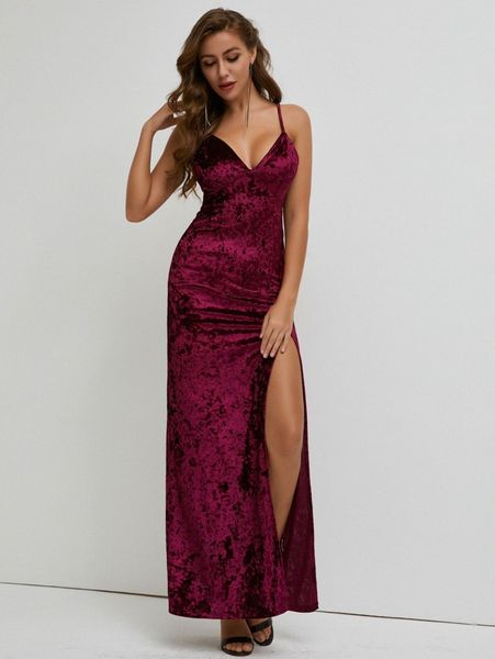 

sbetro crisscross backless split thigh velvet prom dress n3hm#, Black;gray
