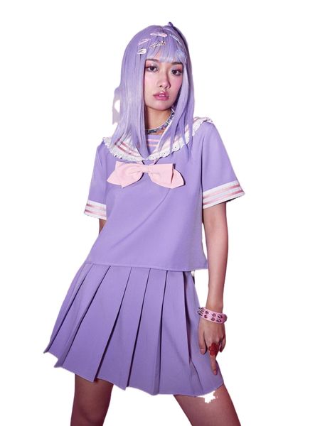 

romwe anime striped sailor collar bow blouse & pleated skirt d1vb#, White